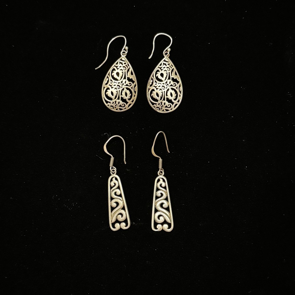 IBB 925 Sterling Silver Filigree Teardrop and Scroll Dangle Earring Set 2 Pairs